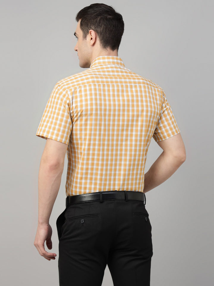 Men Mustard Check Cotton Slim Fit Formal Shirt