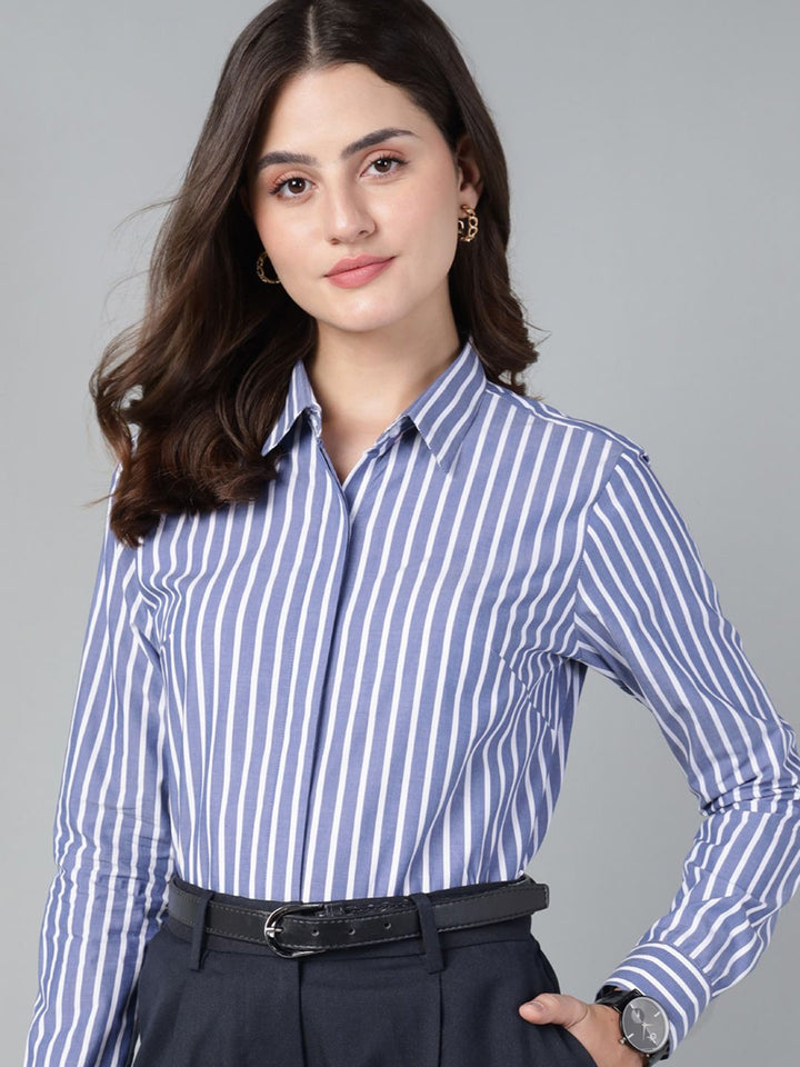 Hancock Women Blue & White Stripe Pure Cotton Regular Fit Formal Shirt