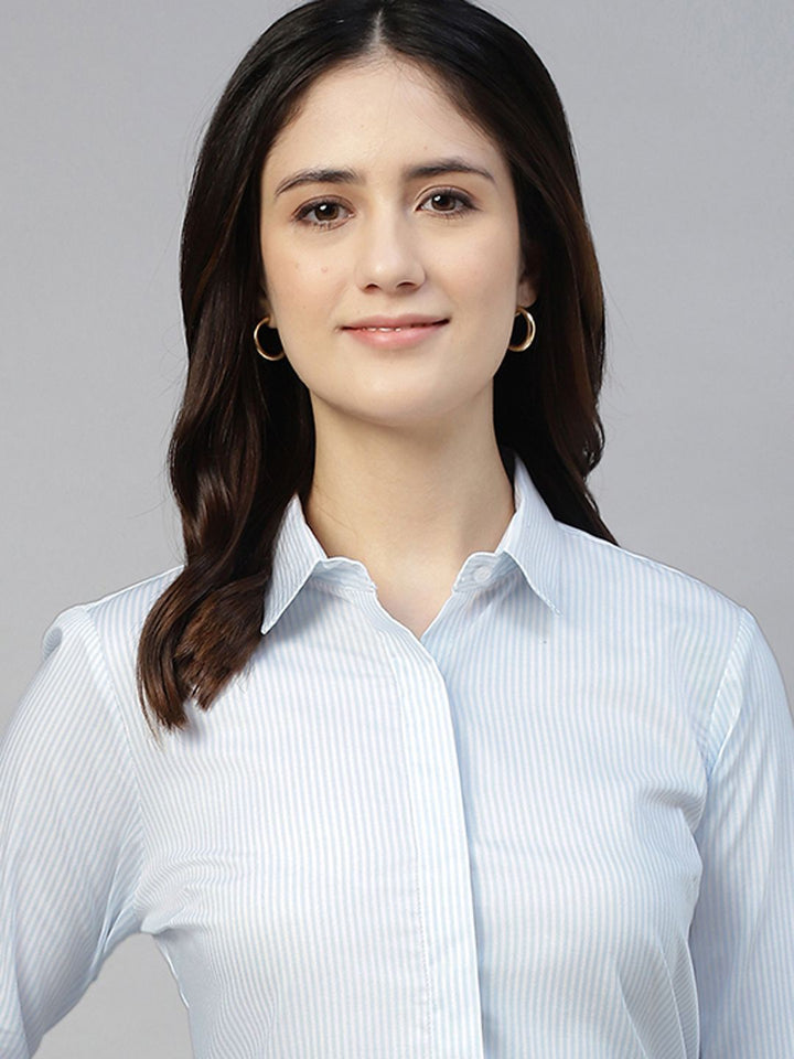 Hancock Women White & Blue Stripe Pure Cotton Regular Fit Formal Shirt