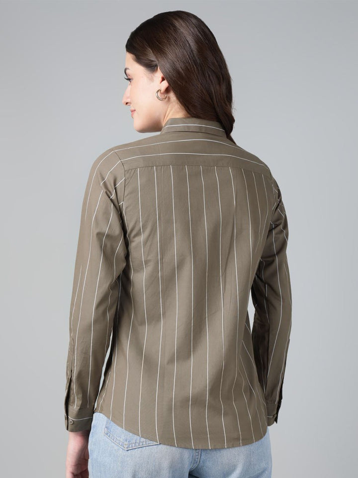 Hancock Women Olive Stripe Pure Cotton Slim Fit Casual Shirt