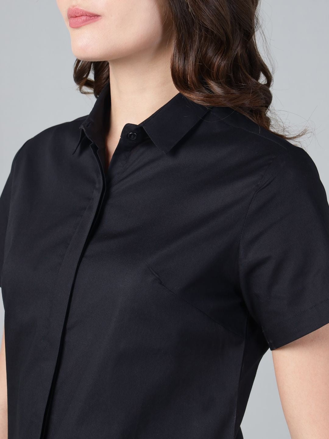 Hancock Women Black Solid Pure Cotton Short Sleeve Slim Fit Casual Shirt