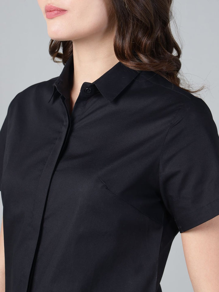 Hancock Women Black Solid Pure Cotton Short Sleeve Slim Fit Casual Shirt