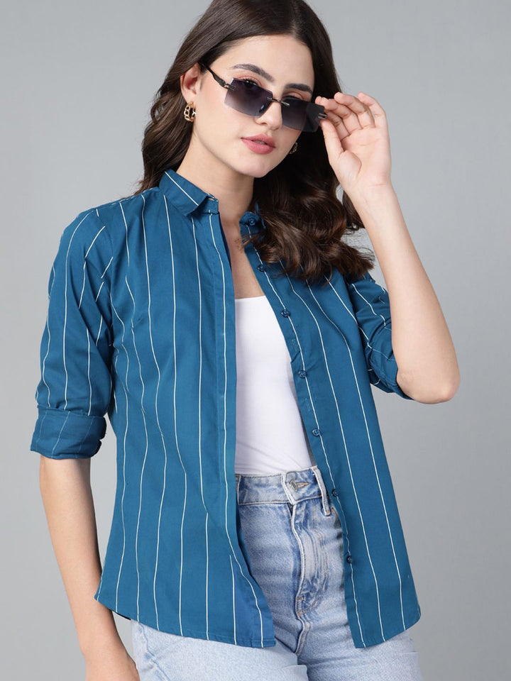 Hancock Women Turquoise Blue Stripe Pure Cotton Slim Fit Casual Shirt