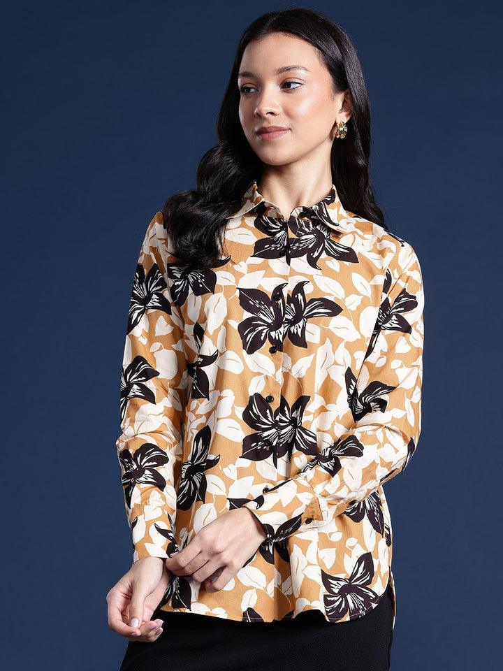 Women Beige & Mustard Floral Print Pure Cotton Boyfriend Fit Casual Shirt