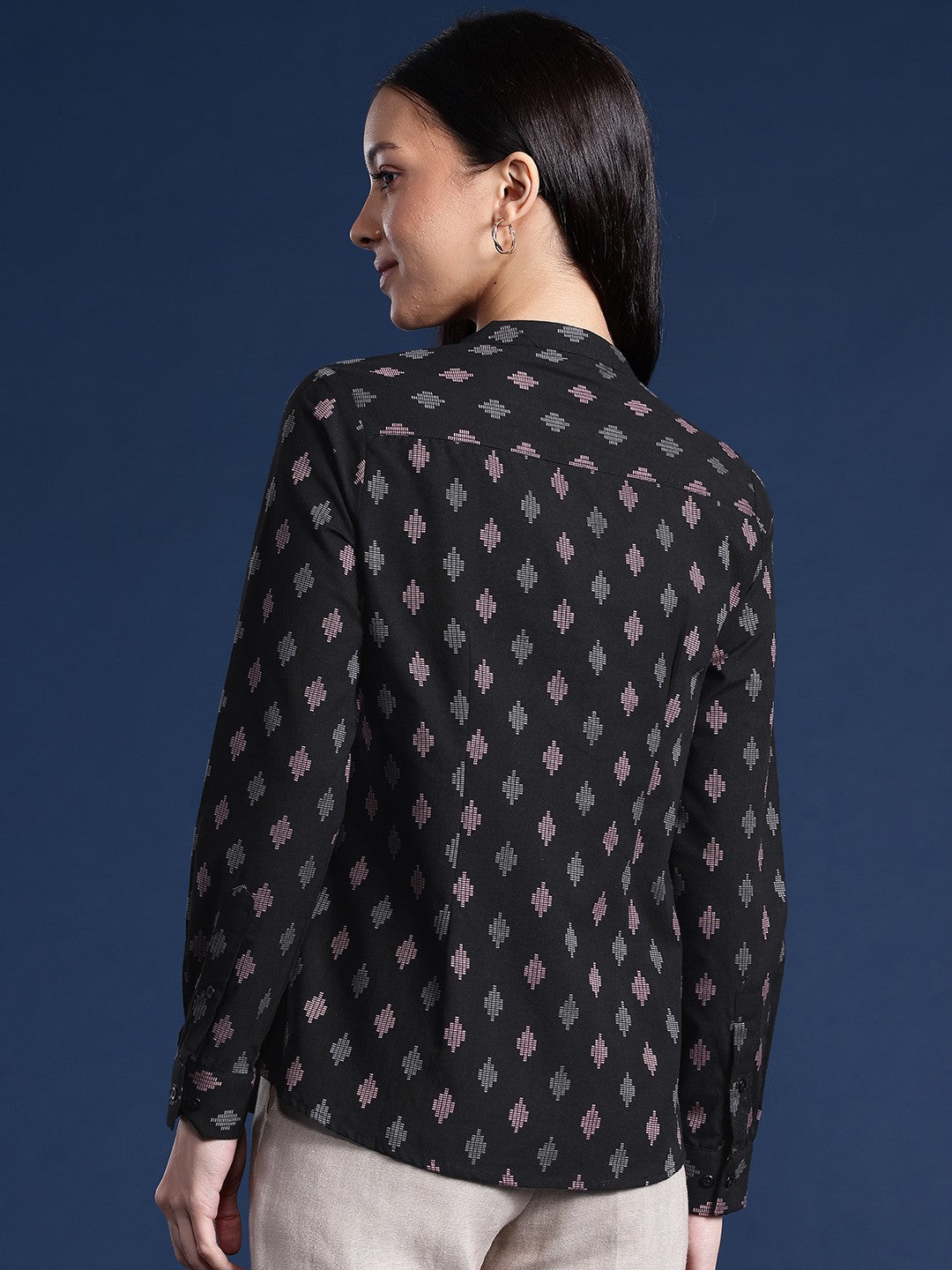 Women Black Ethnic Print Mandarin Collar Pure Cotton Formal Shirt