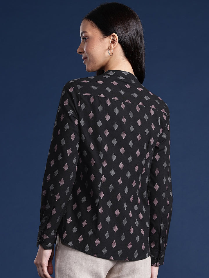 Women Black Ethnic Print Mandarin Collar Pure Cotton Formal Shirt