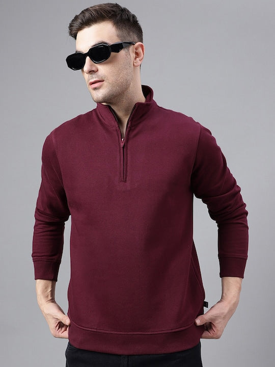 Men Burgundy Solid Half Zipper Long Sleeves Fleece Sweatshirt