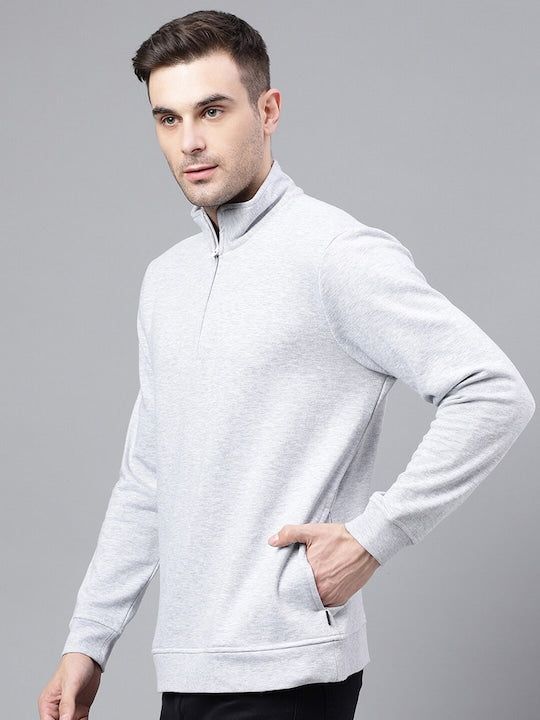 Men Melange Grey Solid Half Zipper Long Sleeves Fleece Sweatshirt