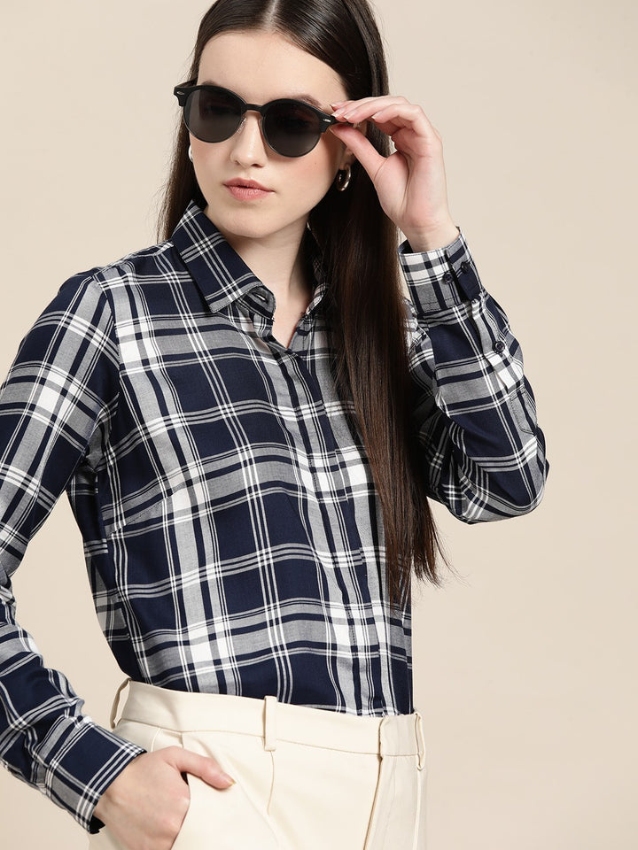 Women Navy Blue Checks Viscose Rayon Rayon Formal Shirt