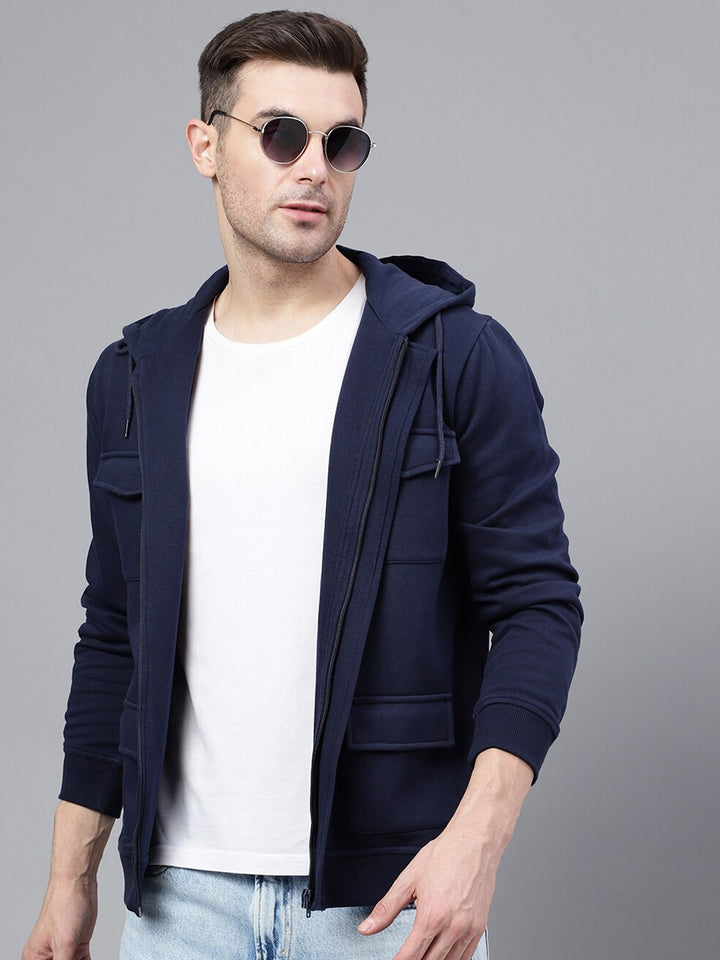 Men Navy Blue Solid Full Zipper Cargo Pocket Long Sleeves Fleece Hooded Sweatshirt