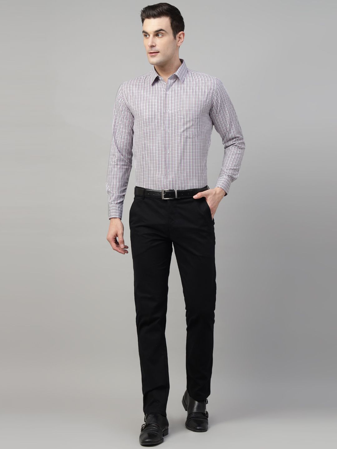 Men Grey & Purple Check Cotton Slim Fit Formal Shirt