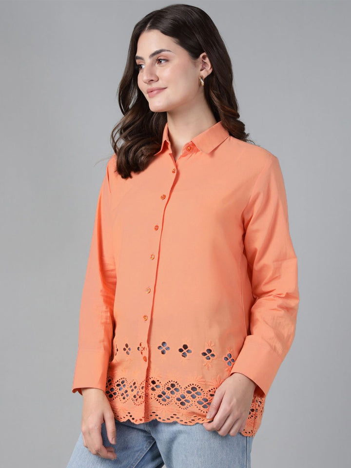 Hancock Women Orange Solid Schiffli Pure Cotton Relaxed Fit Casual Shirt