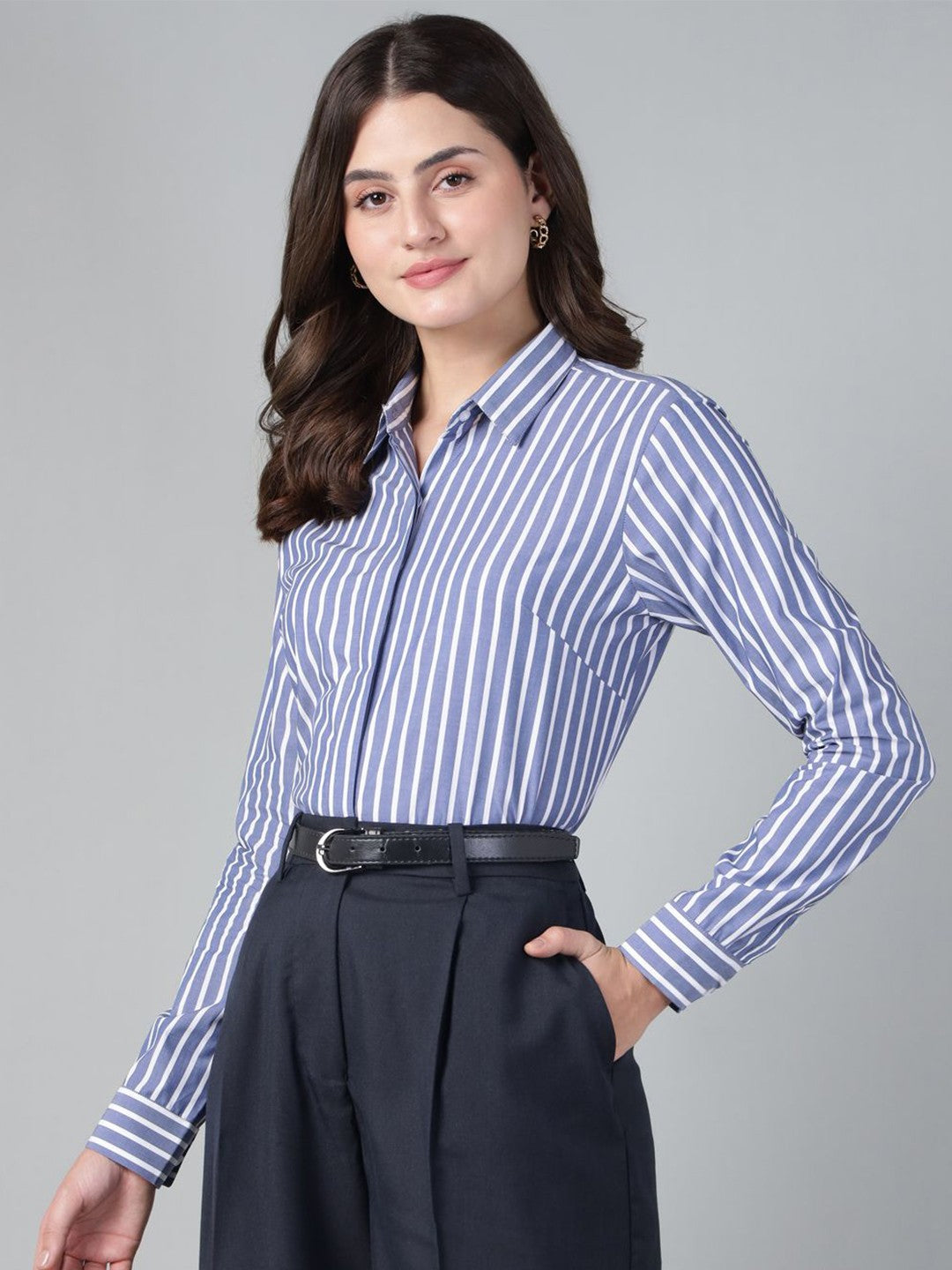 Hancock Women Blue & White Stripe Pure Cotton Regular Fit Formal Shirt