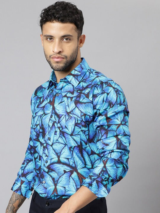 Men Blue Floral Printed Viscose Rayon Slim Fit Party Shirt