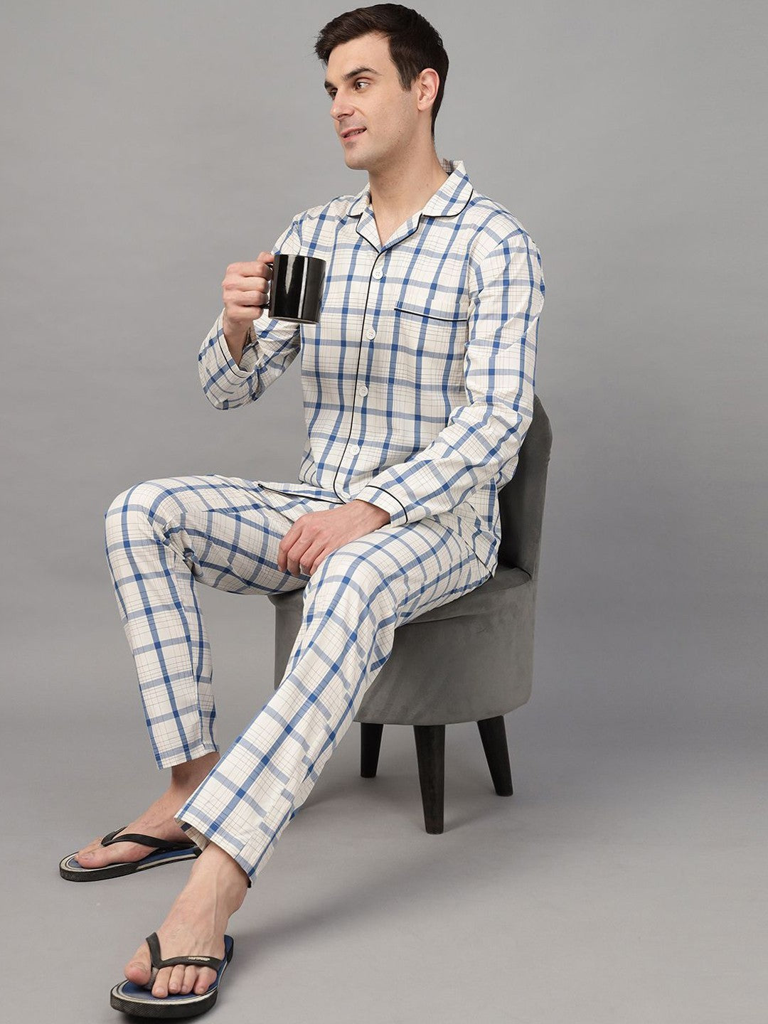 Hancock Men Cream & Blue Check Pure Cotton Relaxed Fit Night Wear Night Suit