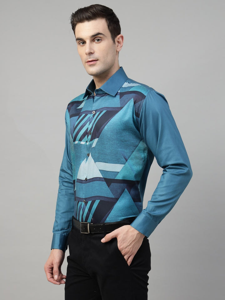 Men Turquoise Blue Graphical Printed Wrinkle Free Cotton Satin Slim Fit Party Shirt