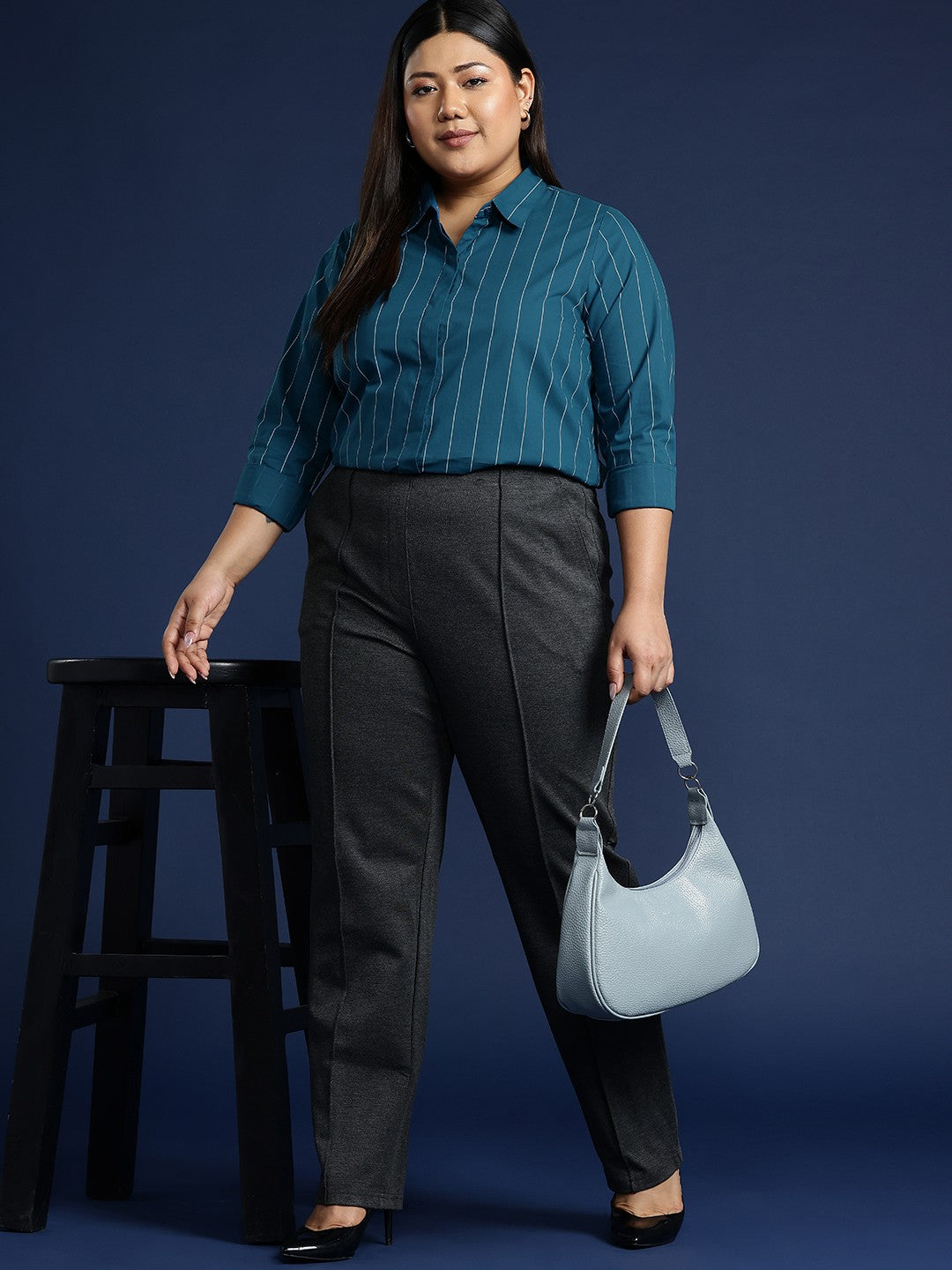 Women Turquoise Stripes Pure Cotton Plus Size Formal Shirt
