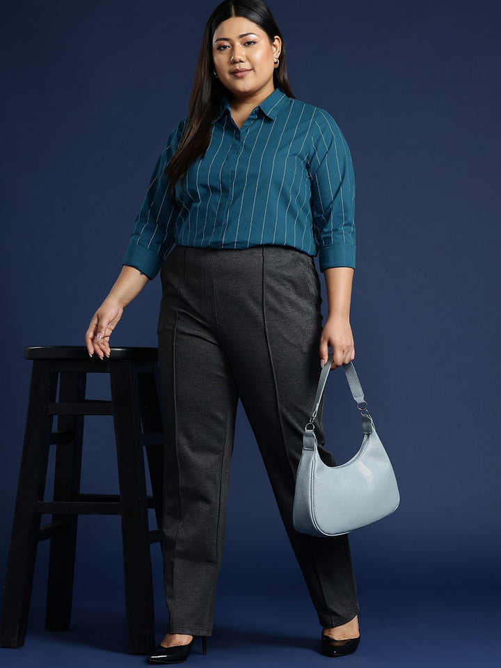 Women Turquoise Stripes Pure Cotton Plus Size Formal Shirt