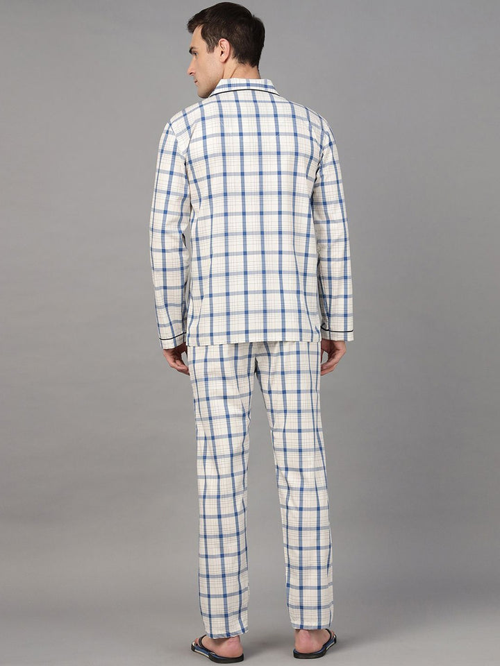 Hancock Men Cream & Blue Check Pure Cotton Relaxed Fit Night Wear Night Suit