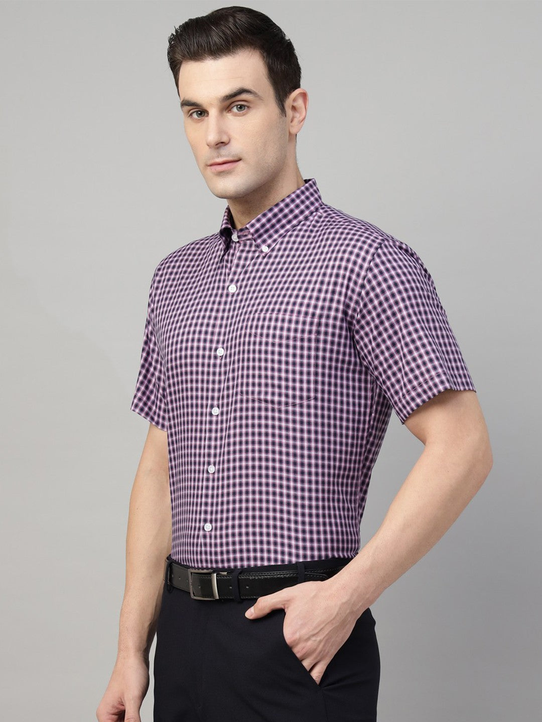 Men Purple & Navy Check Cotton Slim Fit Formal Shirt