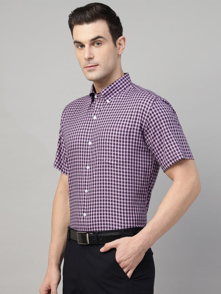 Men Purple & Navy Check Cotton Slim Fit Formal Shirt