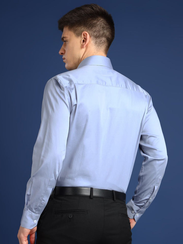 Hancock Men Sky Blue Solid Cotton Elastene Slim Fit Party Shirt