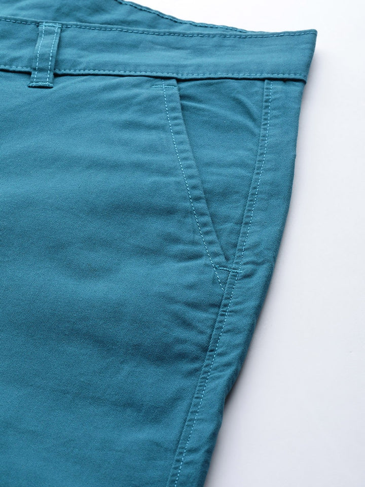 Men Turquoise Blue Solid Pure Cotton Slim Fit Formal Trouser