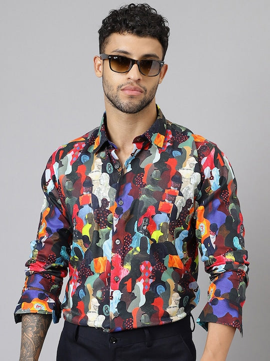 Men Black &Multi Abstract Printed Viscose Rayon Slim Fit Party Shirt