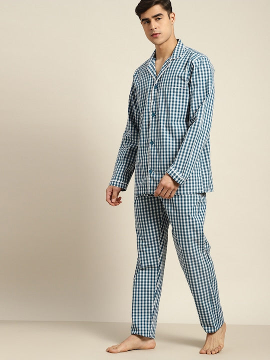 Men Navy & White Checks Pure Cotton Relaxed Fit Casual Night Suit