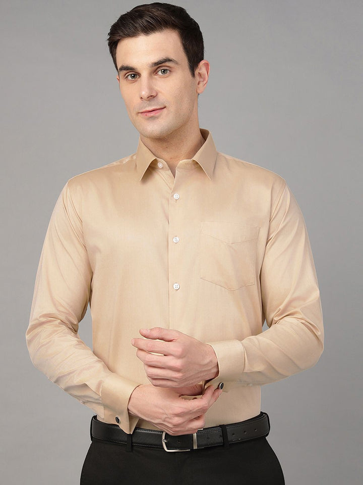 Mustard solid pure cotton wrinkle ressistant opaque Formal shirt ,has a spread collar, patch pocket, button placket, french cuff long sleeves, curved hem