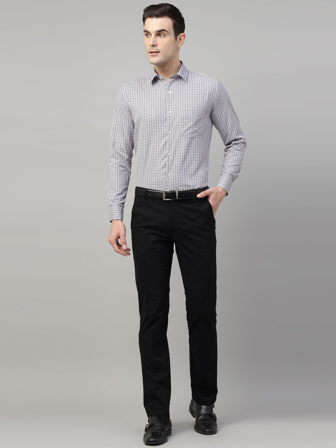 Men Grey & Navy Check Cotton Slim Fit Formal Shirt