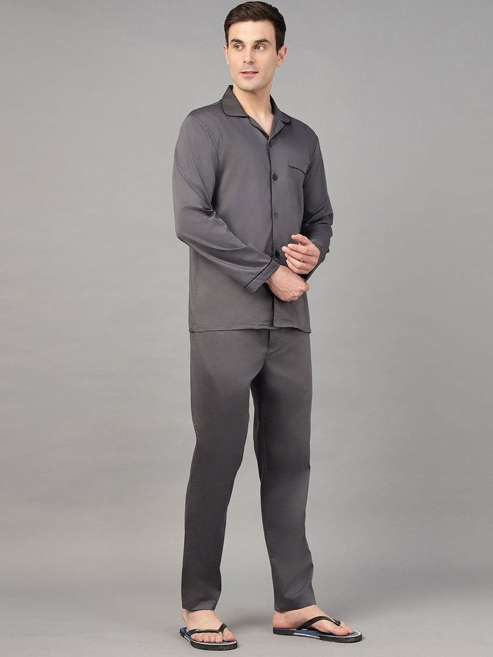 Hancock Men Dark Grey Solid Pure Cotton Relaxed Fit Night Wear Night Suit