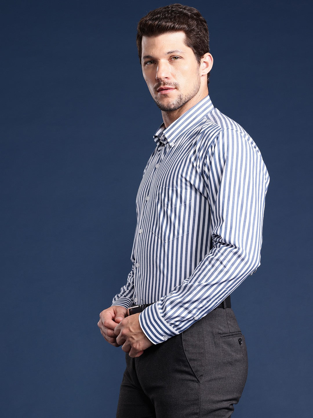 Men Blue-Navy Striped Pure Cotton Slim Fit Formal Shirt