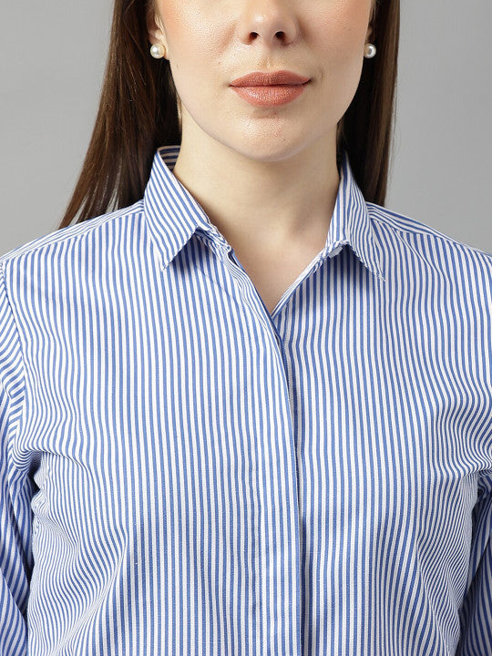 Women White&Blue Stripes Pure Cotton Slim Fit Formal Shirt