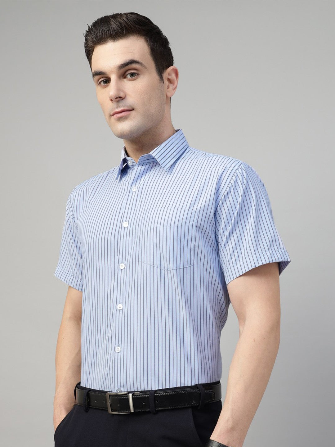 Men Blue Stripe Cotton Slim Fit Formal Shirt