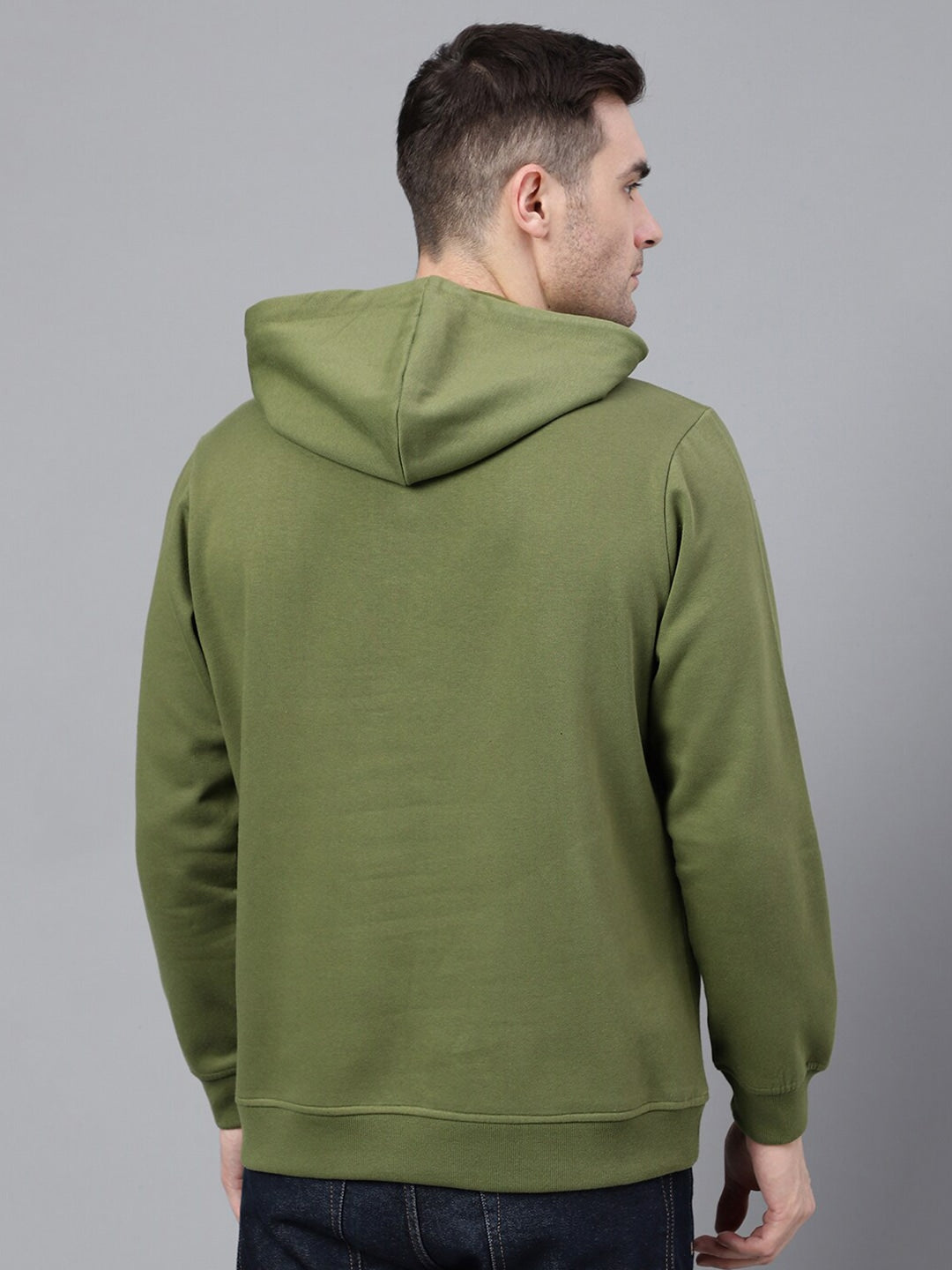 Men Olive Solid Half Button Placket Long Sleeves Fleece Hooded Sweatshirt