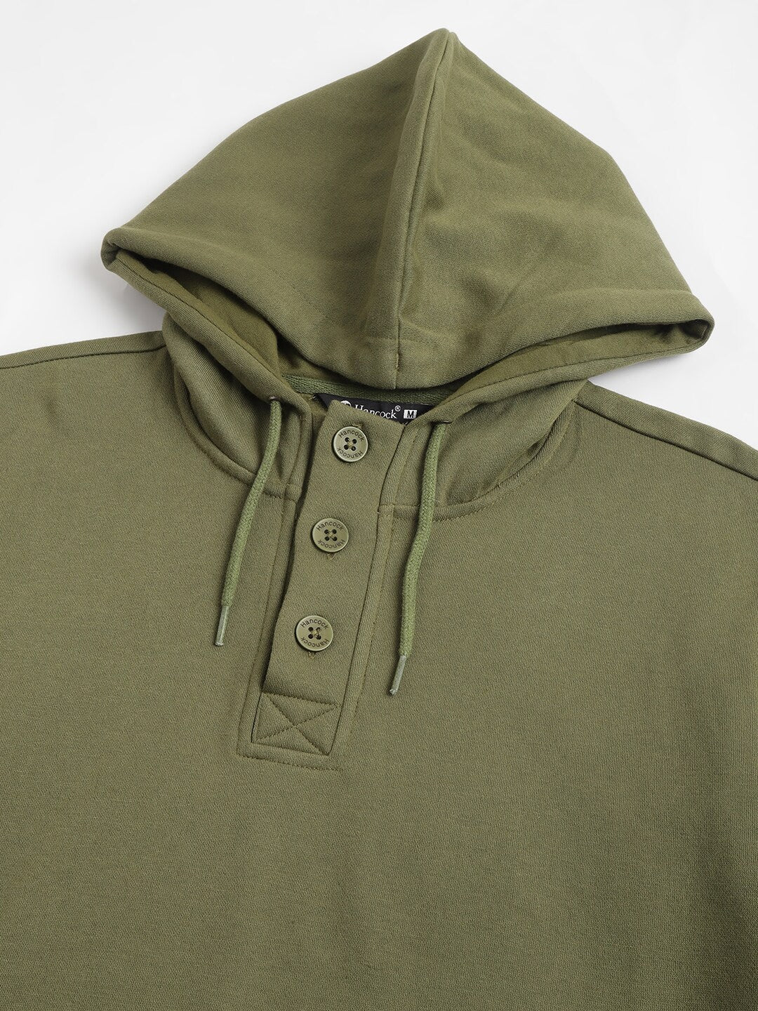 Men Olive Solid Half Button Placket Long Sleeves Fleece Hooded Sweatshirt