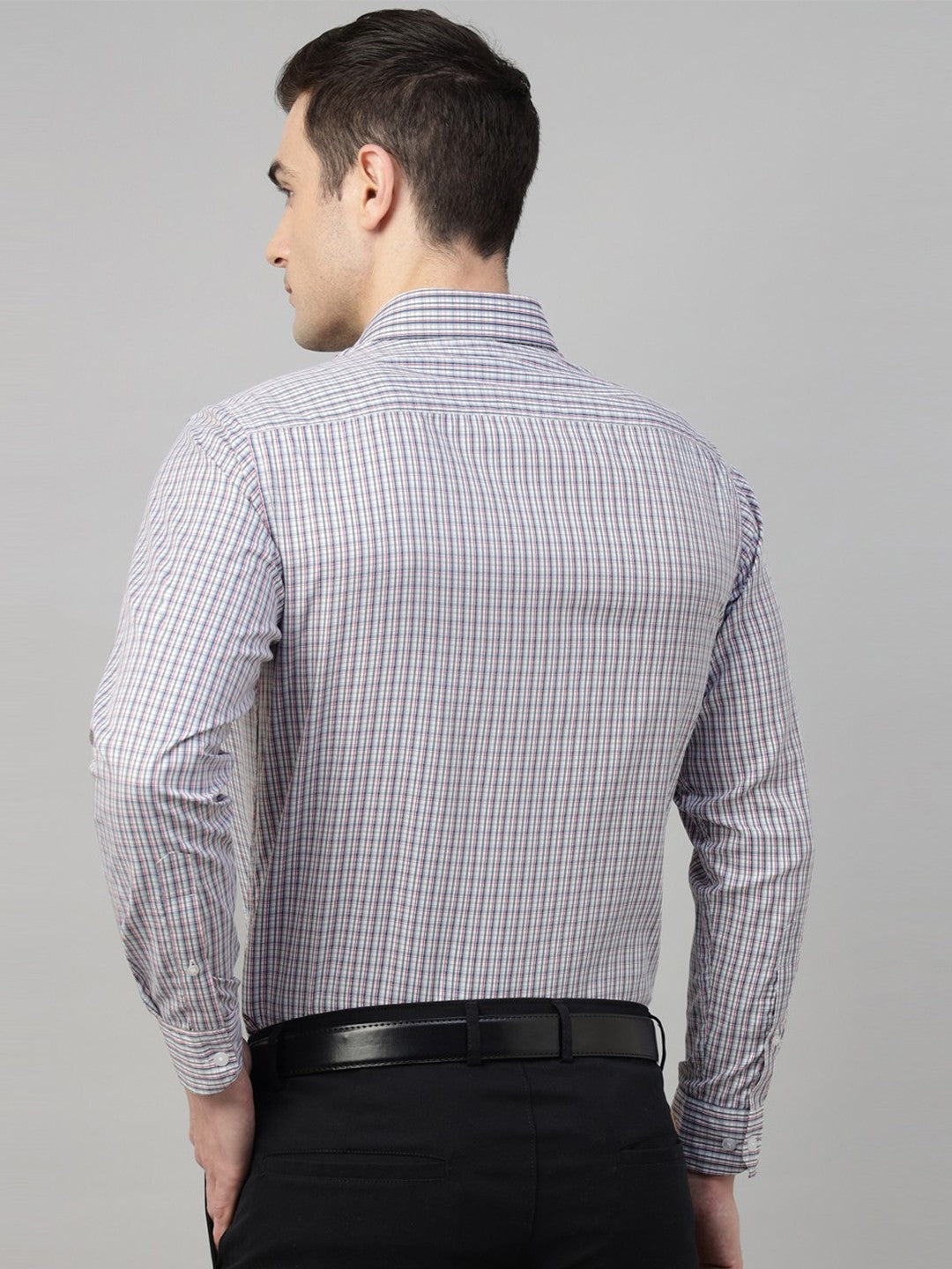 Men Grey & Navy Check Cotton Slim Fit Formal Shirt