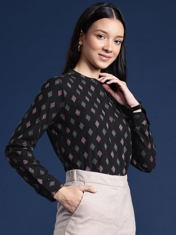 Women Black Ethnic Print Mandarin Collar Pure Cotton Formal Shirt