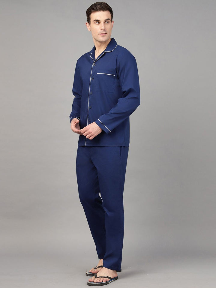 Hancock Men Royal Blue Solid Pure Cotton Relaxed Fit Night Wear Night Suit