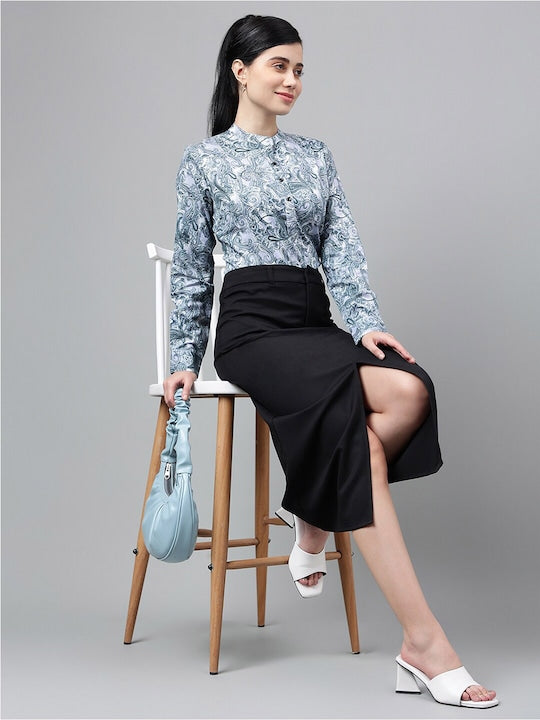 Women Blue Floral Digital Printed Cotton Satin Long Sleeves Regular Fit Formal Top