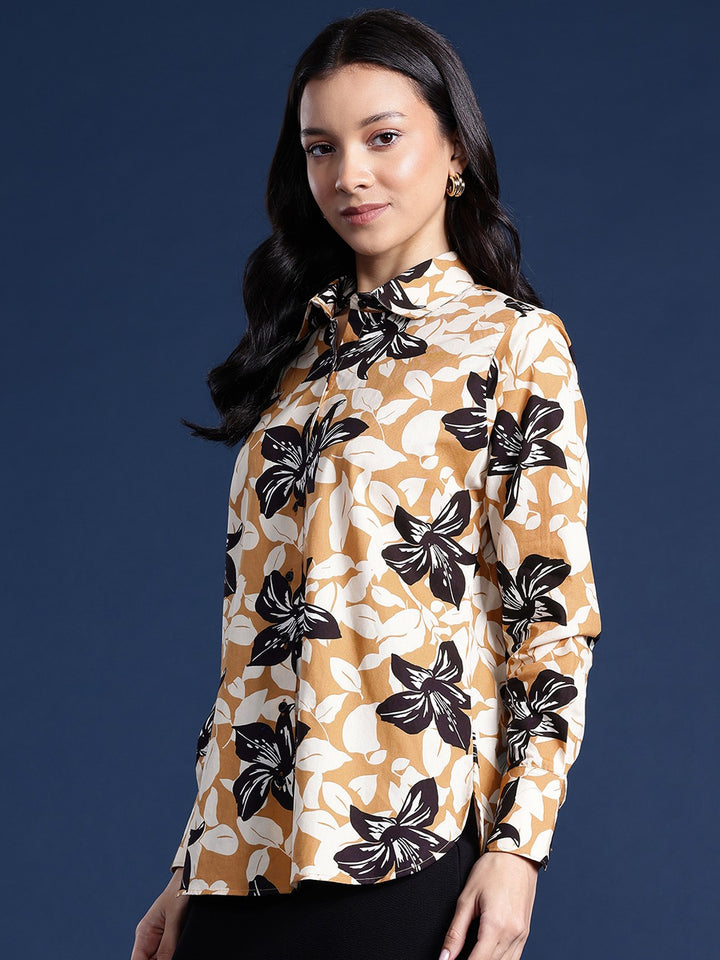 Women Beige & Mustard Floral Print Pure Cotton Boyfriend Fit Casual Shirt