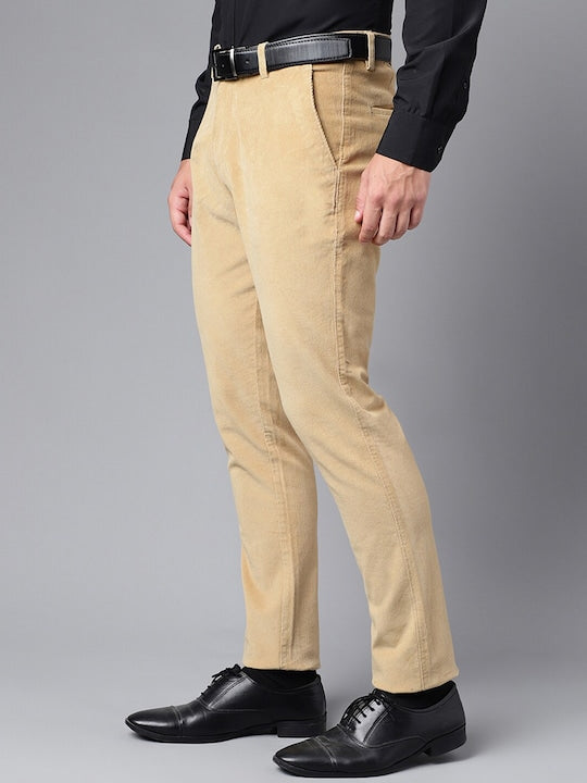 Men Khaki Solid Cotton cotton stretch corduroy Slim Fit Formal Trouser