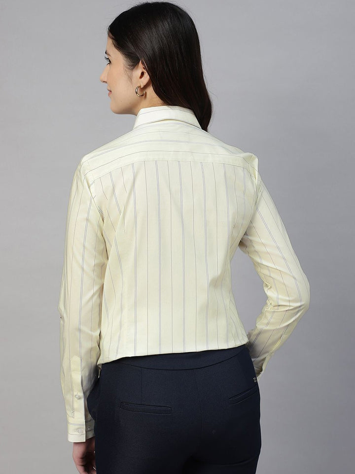 Hancock Women Cream Stripe Pure Cotton Regular Fit Formal Shirt