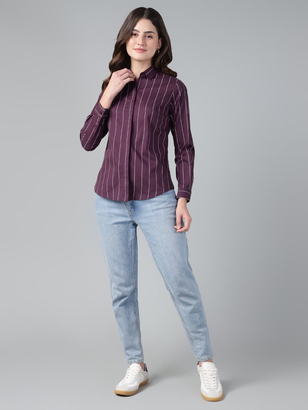 Hancock Women Wine Stripe Pure Cotton Slim Fit Casual Shirt