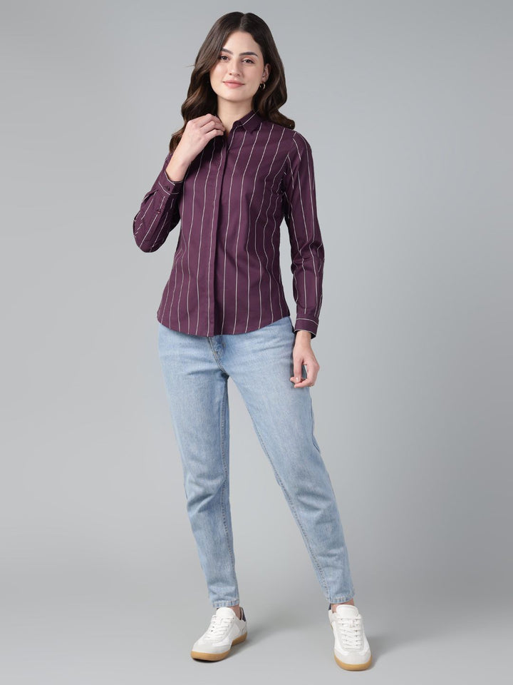Hancock Women Wine Stripe Pure Cotton Slim Fit Casual Shirt