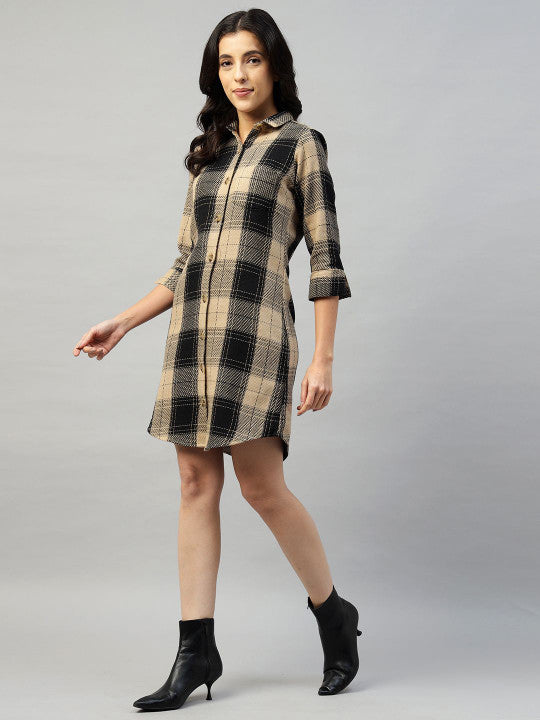 Women Beige & Black Check Pure Cotton Regular Fit Formal Dress
