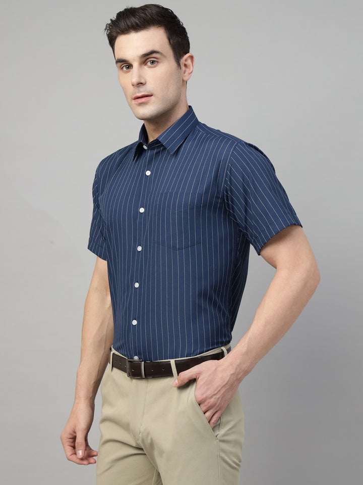 Men Navy Blue Stripe Cotton Slim Fit Formal Shirt