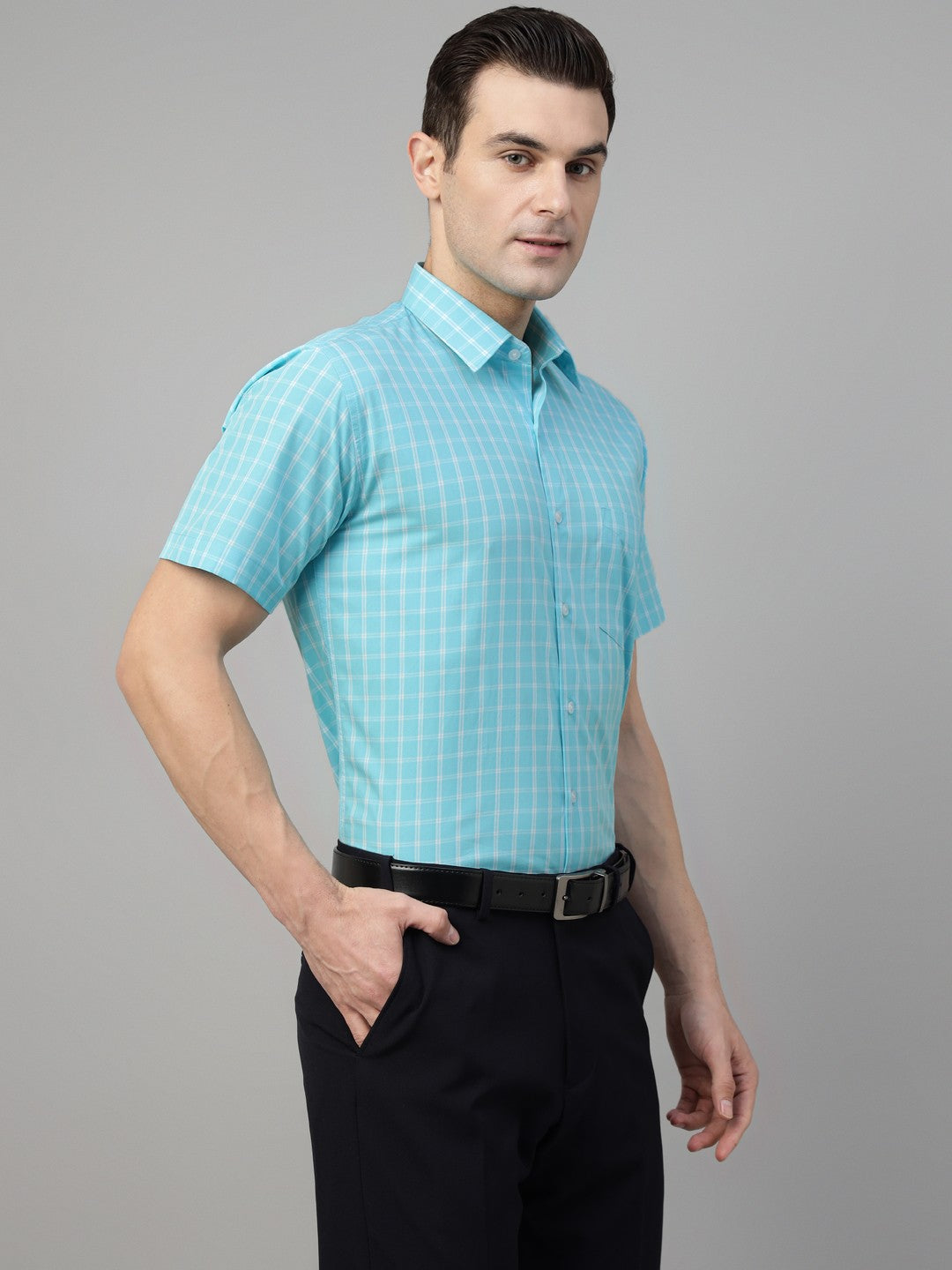 Blue tartan checked pure cotton short sleeves shirt 