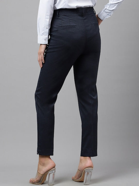 Hancock Women Navy Blue Self Design Flat- Front Ciggarate Fit Formal Trouser